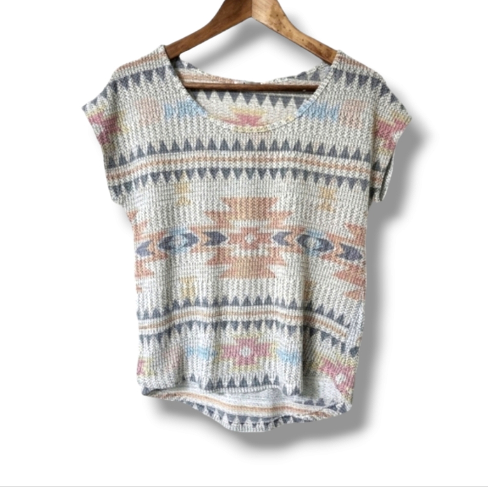 Blu Planet Boho Style Multicolor Aztec Print Knit Top  | XL